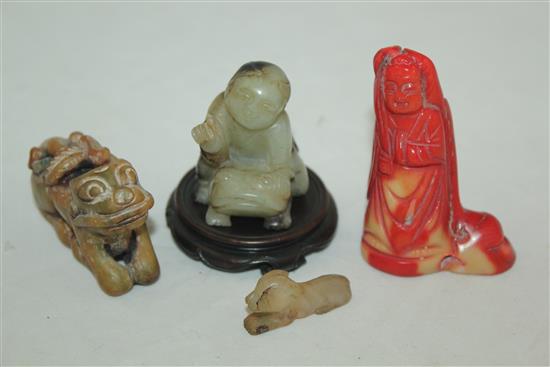 Two Chinese jade figures, a bowenite figure and a coral figure, 4.4cm
